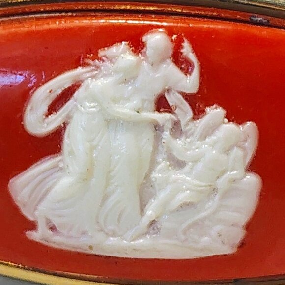 Vintage Japan Mirrored Lipstick Tube Holder Ring Cameo Carved Coral Lucite - Picture 3 of 8